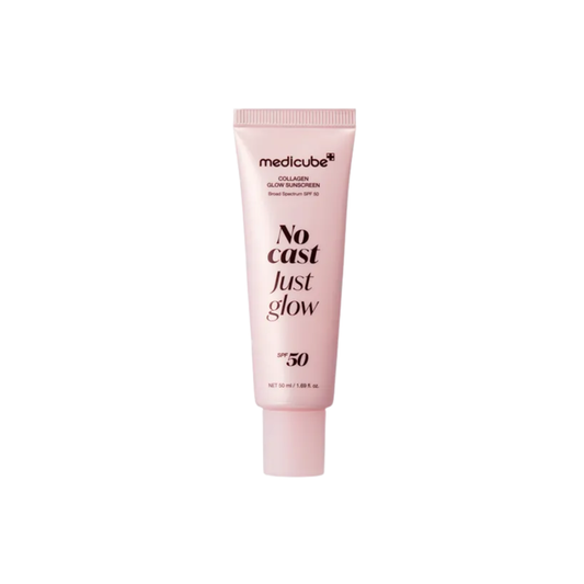 Pink tube of Medicube Collagen Glow Sunscreen SPF 50, labeled "No cast Just glow," 50ml.