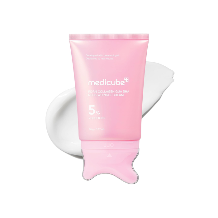 MEDICUBE PDRN Collagen Gua Sha Neck Wrinkle Cream is a firming neck cream designed to hydrate, smooth, and improve the look of fine lines around the neck, jawline, and décolleté. Formulated with PDRN, Sodium DNA, Collagen, Retinol, Niacinamide, Hyaluronic Acid, Ceramide NP, Cholesterol, Adenosine, Peptides, Macadamia Seed Oil, and Tocopherol, it helps support elasticity, moisture, and a firmer-looking skin texture. The built-in gua sha applicator makes it easy to massage the cream into the skin