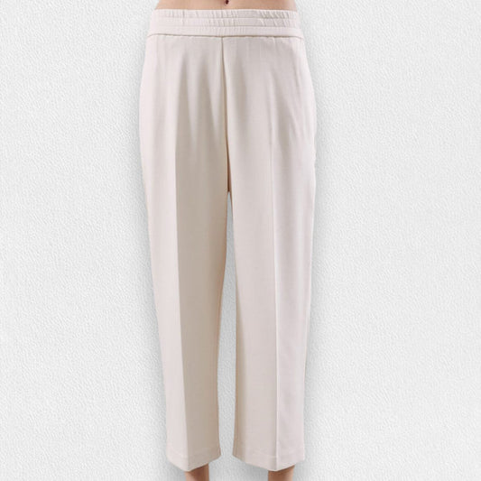 The MEIMEIJ - PONTE PULL ON TROUSER by MEIMEIJ is a pair of light beige, straight-leg trousers with an elastic waistband and side pockets, shown on a plain white background.