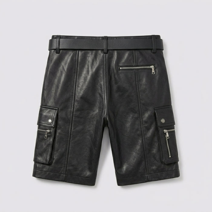 Men’s Black Leather Cargo Utility Shorts – Premium Biker Streetwear Shorts