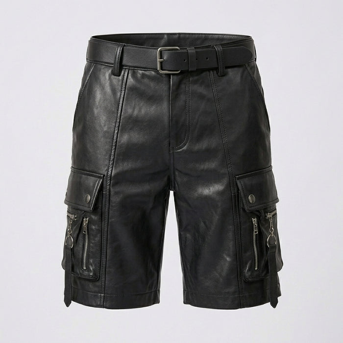 Men’s Black Leather Cargo Utility Shorts – Premium Biker Streetwear Shorts