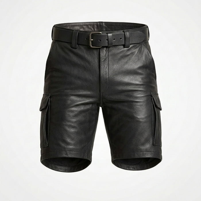 Men’s Leather Cargo Shorts – Utility Biker Streetwear Shorts