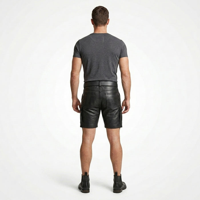Men’s Leather Cargo Shorts – Utility Biker Streetwear Shorts