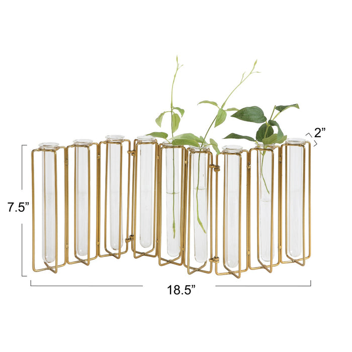 The METAL AND GLASS JOINTED VASE WITH 9 TEST TUBES by CREATIVE COOP features clear tubes in a gold metal stand, perfect for displaying green leafy stems and adding an elegant touch to your home décor.