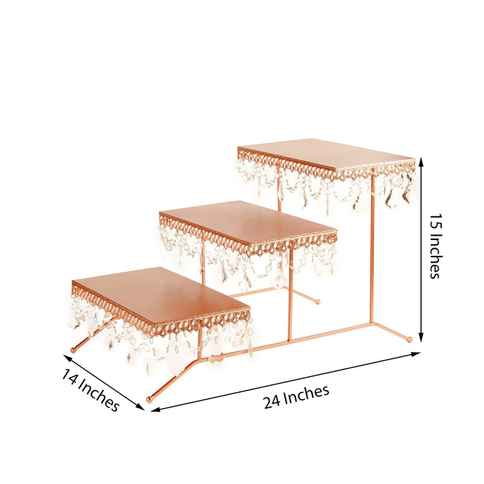 Rose gold decorative tables with crystal fringe, three sizes shown.