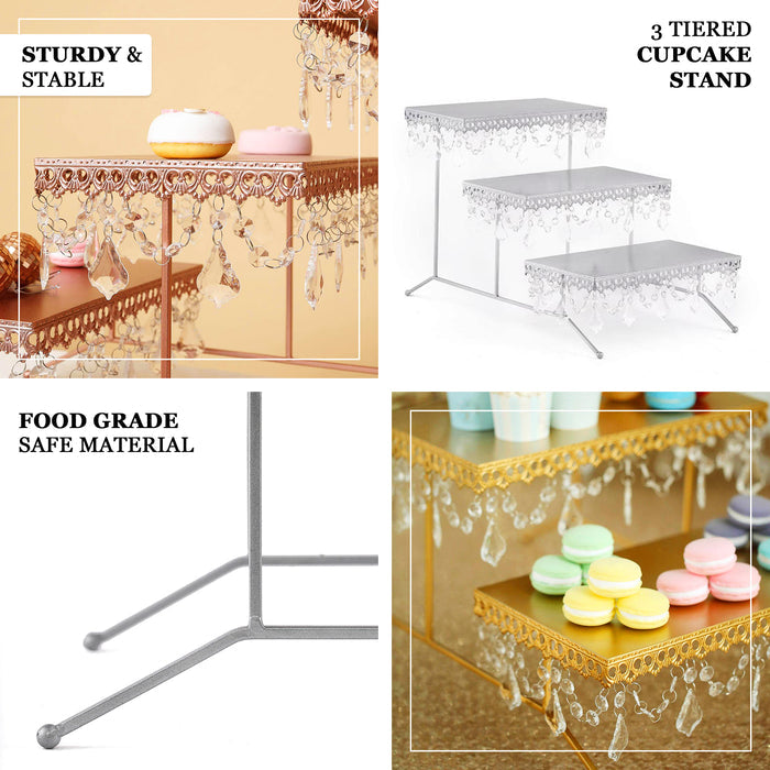 3-tiered cupcake stand with decorative crystals and food-safe material.