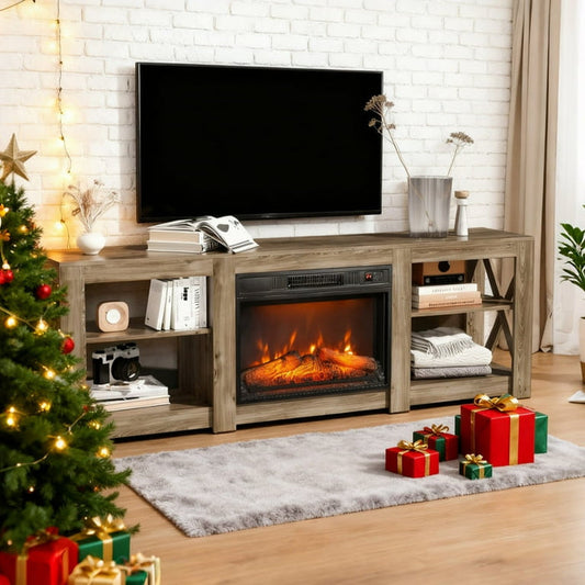 Meuble TV et centre multimédia Bullock couleur marron rustique pour téléviseur de 70 pouces (cheminée non incluse).