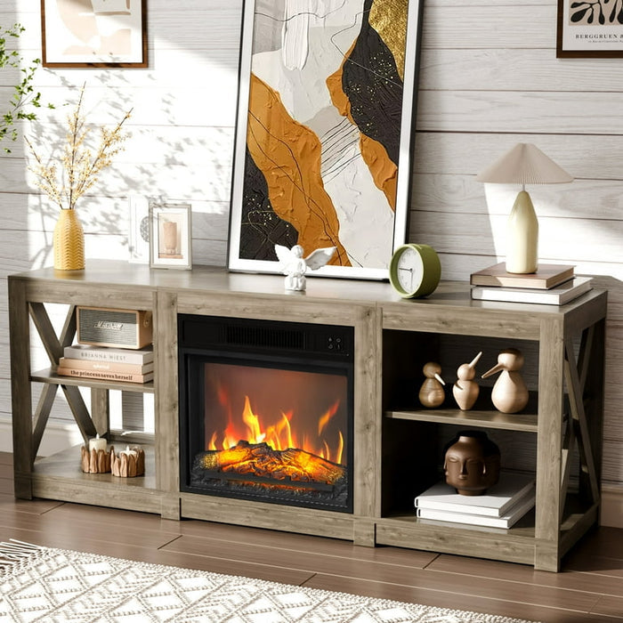 Meuble TV et centre multimédia Bullock couleur marron rustique pour téléviseur de 70 pouces (cheminée non incluse).