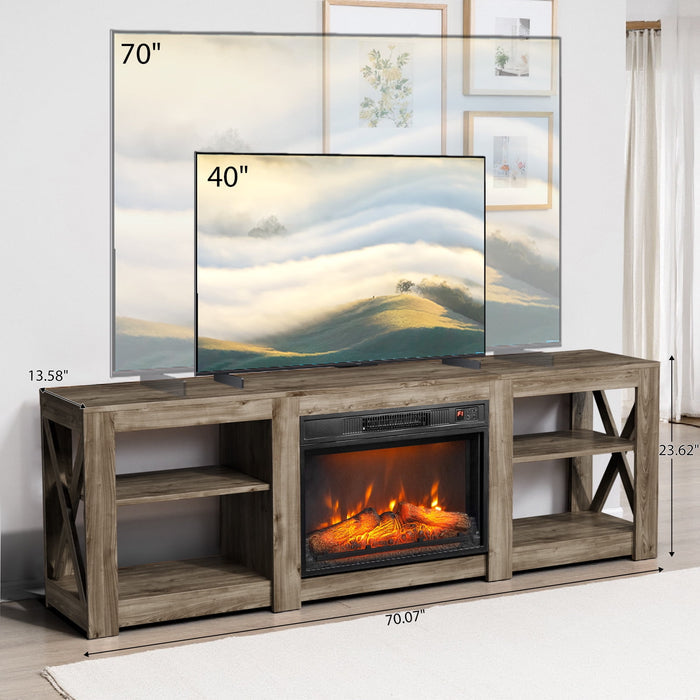 Meuble TV et centre multimédia Bullock couleur marron rustique pour téléviseur de 70 pouces (cheminée non incluse).
