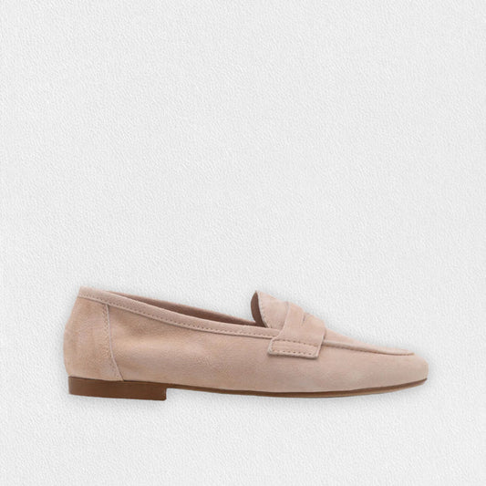 The MICHELE LOPRIORE - PAOLA SUEDE LOAFER is a light brown suede moccasin loafer with a low heel and decorative strap, displayed against a plain white textured background.