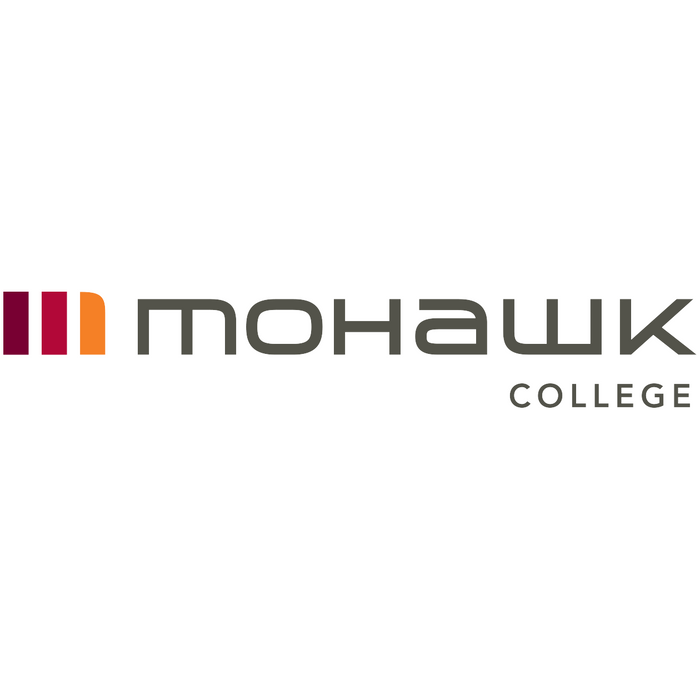A Mohawk College logo displays on a white background. The logo features the word "Mohawk" in gray, followed by "COLLEGE" in smaller gray letters, and a three-part colored graphic to the left.