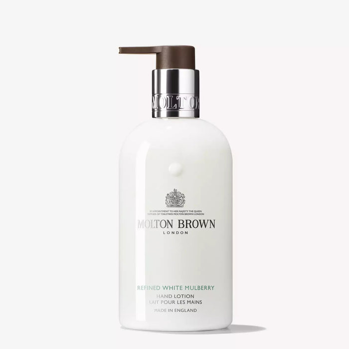 MOLTON BROWN - WHITE MULBERRY AND THYME HAND LOTION features a white bottle with a brown pump and leaves your hands moisturised with an aromatic scent.