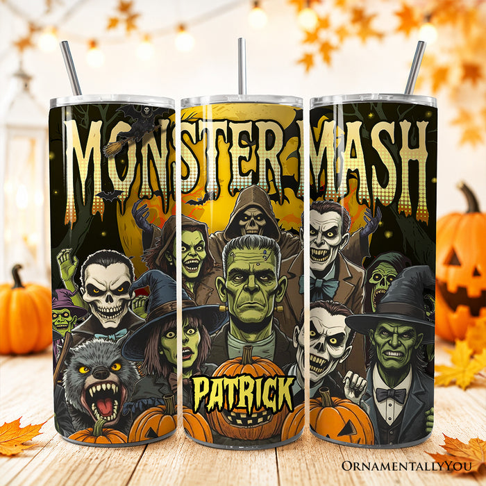 Monster Mash Horror 20oz Personalized Tumbler With Lid and Stainless Steel Straw, Retro Halloween Gift Cup