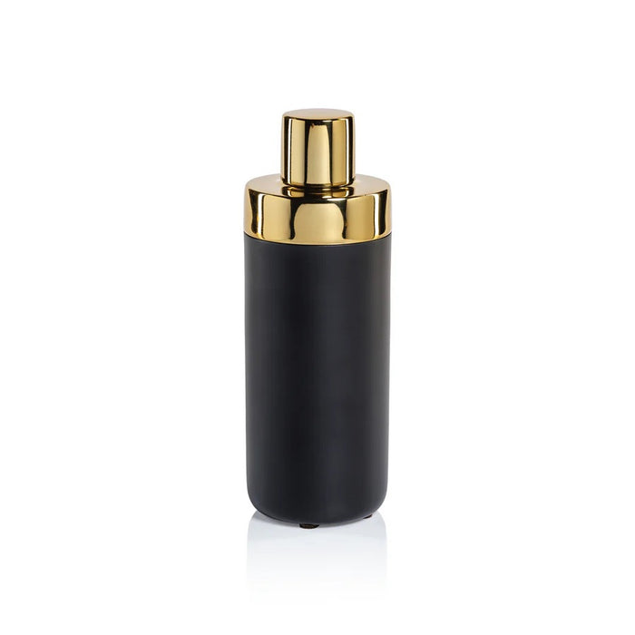The ZODAX MONTE ORO Mixologist Cocktail Shaker in Black and Gold stands upright on a white background—a striking bar accessory for any modern home.