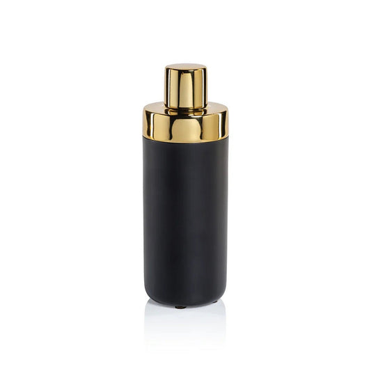 The ZODAX MONTE ORO Mixologist Cocktail Shaker in Black and Gold stands upright on a white background—a striking bar accessory for any modern home.