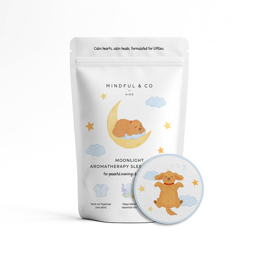 Moonlight Aromatherapy Sleep Stickers for kids package with cute dog illustration promoting relaxation.