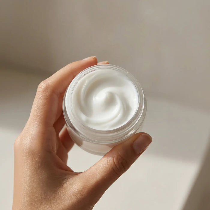 A pink box and a glass jar, both labeled “MOTHER MOTHER - MAGNESIUM CREAM” from the brand MOTHER MOTHER, are arranged side by side on a light surface. The box emphasizes its relaxation support for restful nights, while the unscented magnesium cream in the jar comes with a clean white lid.
