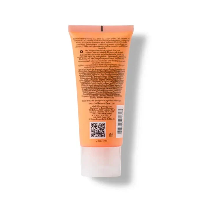 Back view of a skincare tube with text and a QR code on an orange background