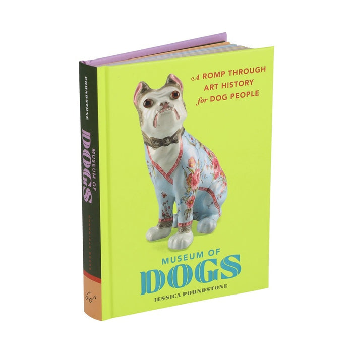 Yellow square with a teal border on pink. Gray center text reads, "MUSEUM OF DOGS BY JESSICA POUNDSTONE—A quirky & fascinating collection from HACHETTE BOOK GROUP featuring the best dogs in art history.