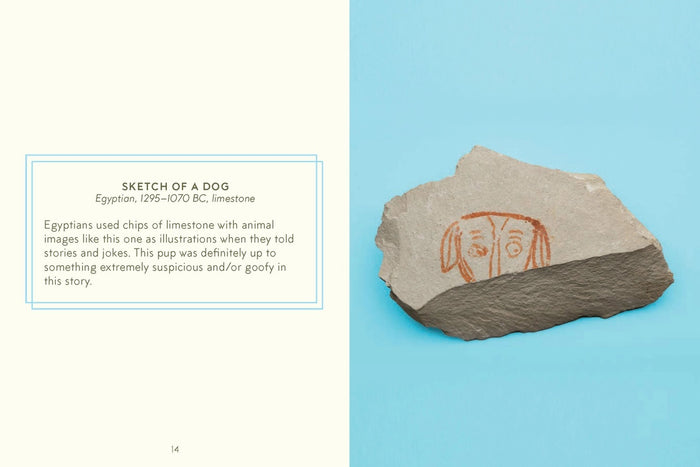 Yellow square with a teal border on pink. Gray center text reads, "MUSEUM OF DOGS BY JESSICA POUNDSTONE—A quirky & fascinating collection from HACHETTE BOOK GROUP featuring the best dogs in art history.