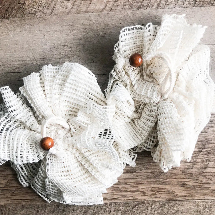 Two white lace flowers with brown centers on a wooden surface