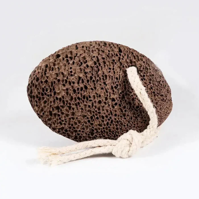 Brown textured stone with a white rope on a light gray background