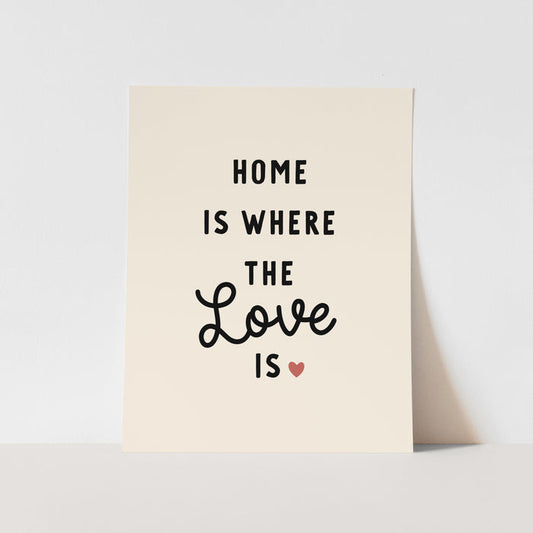 Beige card with 'Home is where the love is' text on a light gray background