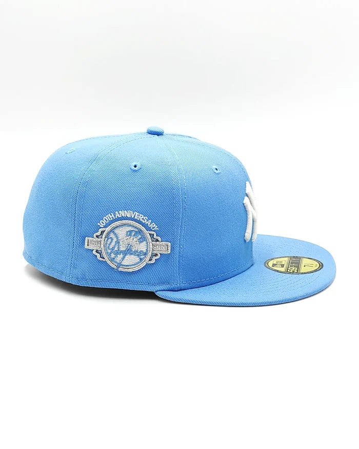 New York Yankees 100 anniversary new era 59fifty fitted - sky blue, white, silver - brilla en la oscuridad