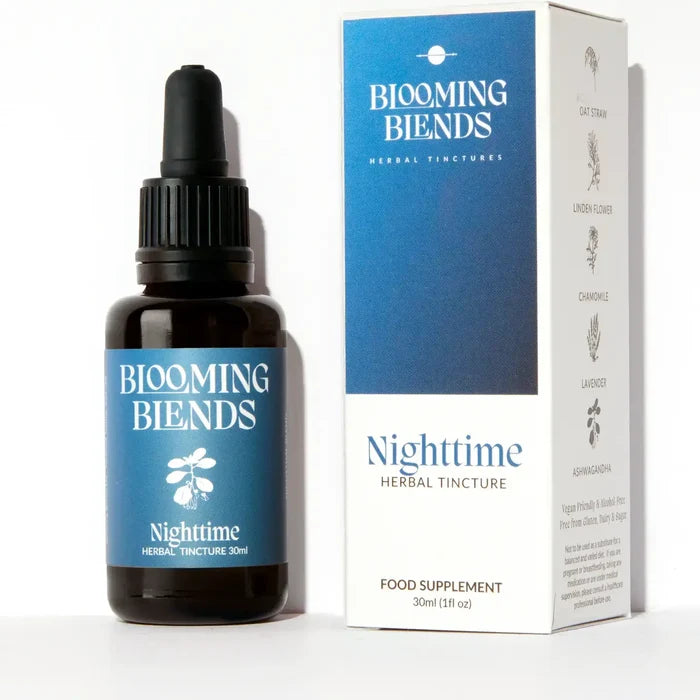 Blooming Blends Nighttime Herbal Tincture bottle and packaging on a white background