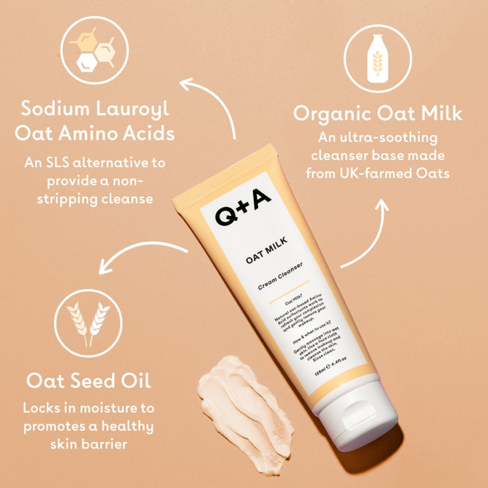 Q+A Oat milk cream cleanser ingredients on a beige background