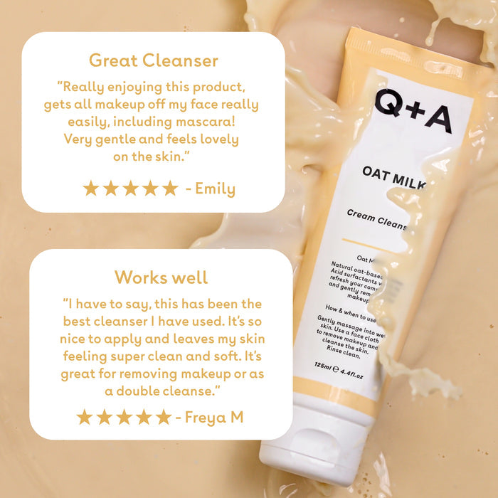 Q+A Oat milk cream cleanser  customer reviews on beige background