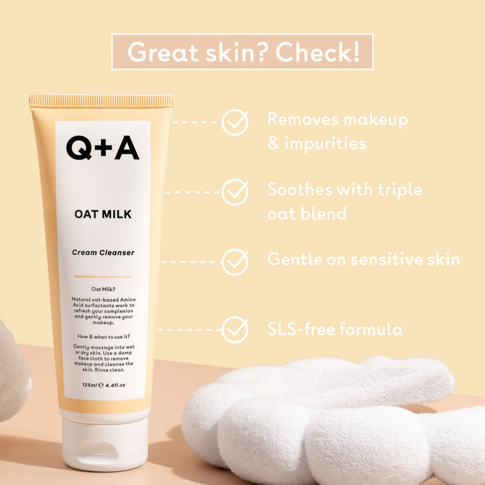 Q+A Oat milk cream cleanser product features on beige background
