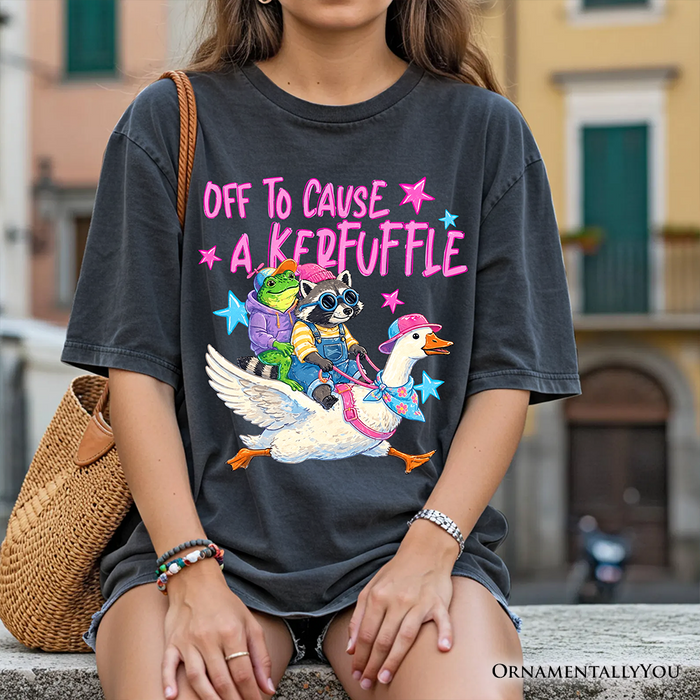 Off To Cause A Kerfuffle T-Shirt, Frog Raccoon Goose Funny Animal Tee