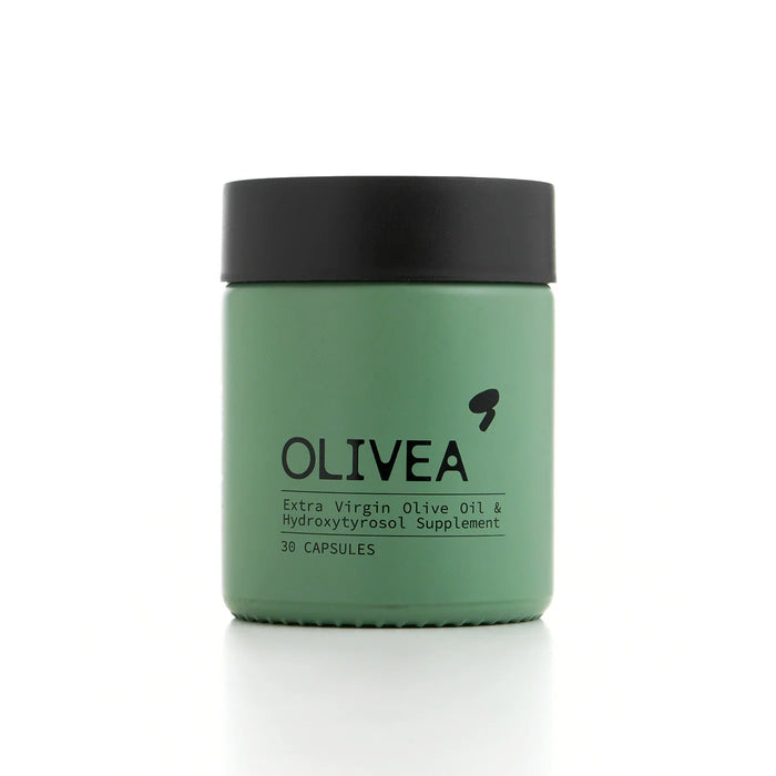 Four yellow capsules on a white surface, with the text “More potent than an olive oil shot” above them—each OLIVEA EVOO & HYDROXYTYROSOL SUPPLEMENT delivers a concentrated 20 mg dose of olive polyphenols and hydroxytyrosol, powerful compounds from high-phenolic olive oil by OLIVEA.