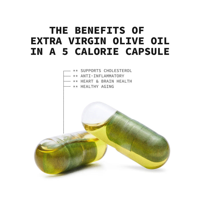 A green jar labeled "OLIVEA - EVOO & HYDROXYTYROSOL SUPPLEMENT, 20 MG," with a black lid, stands on a white background. Produced by OLIVEA, this high-phenolic olive oil supplement is specially formulated with hydroxytyrosol to help support cardiovascular health.