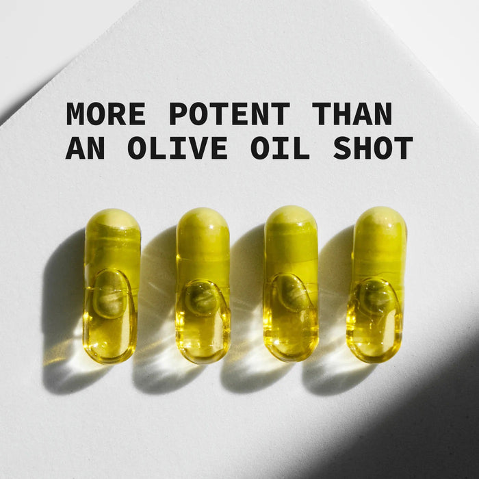A green jar labeled "OLIVEA - EVOO & HYDROXYTYROSOL SUPPLEMENT, 20 MG," with a black lid, stands on a white background. Produced by OLIVEA, this high-phenolic olive oil supplement is specially formulated with hydroxytyrosol to help support cardiovascular health.