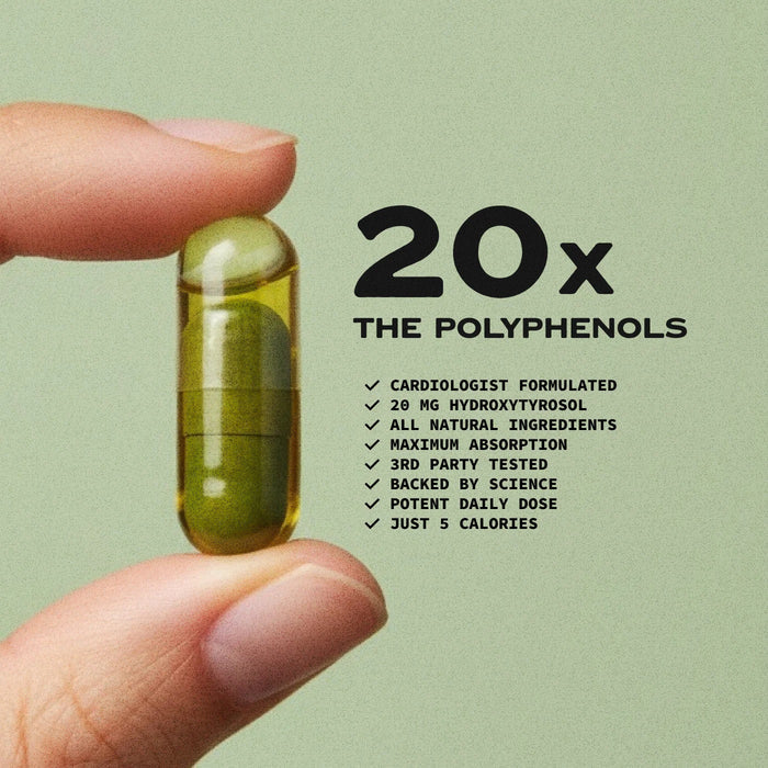 A green jar labeled "OLIVEA - EVOO & HYDROXYTYROSOL SUPPLEMENT, 20 MG," with a black lid, stands on a white background. Produced by OLIVEA, this high-phenolic olive oil supplement is specially formulated with hydroxytyrosol to help support cardiovascular health.