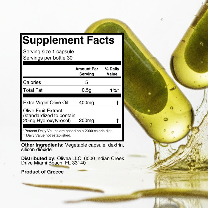 Four yellow capsules on a white surface, with the text “More potent than an olive oil shot” above them—each OLIVEA EVOO & HYDROXYTYROSOL SUPPLEMENT delivers a concentrated 20 mg dose of olive polyphenols and hydroxytyrosol, powerful compounds from high-phenolic olive oil by OLIVEA.