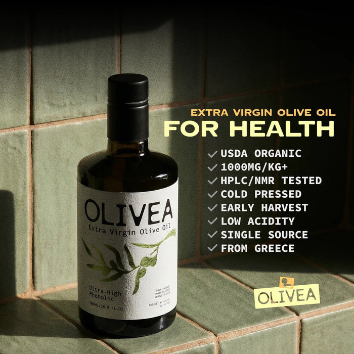 A certificate of analysis for OLIVEA - ULTRA HIGH PHENOLIC EXTRA VIRGIN OLIVE OIL, featuring chemical analysis results such as Oleocanthal and Tyrosol levels—emphasizing the potent antioxidant benefits of this polyphenol-rich olive oil. A checkmark and "3RD PARTY LAB TESTED" text are displayed at the top, with brand details shown above a subtle watermark.