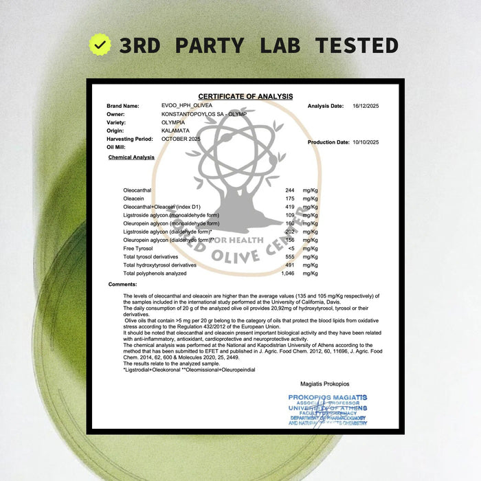 A 500ml dark bottle of OLIVEA - ULTRA HIGH PHENOLIC EXTRA VIRGIN OLIVE OIL displays a white label adorned with green olive leaves. Highlighted as "Ultra High-Phenolic EVOO," this antioxidant-rich, premium selection from OLIVEA is showcased against a clean white background.
