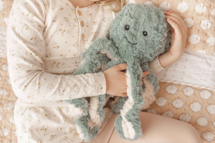 Person holding a green plush Weighted Teddy with a soft background