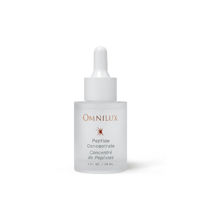 A frosted glass dropper bottle labeled “OMNILUX – PEPTIDE CONCENTRATE” features silver text and an orange starburst logo, containing 30 mL (1 fl oz) of skincare formula from OMNILUX enriched with powerful ingredients such as Argireline and Matrixyl.