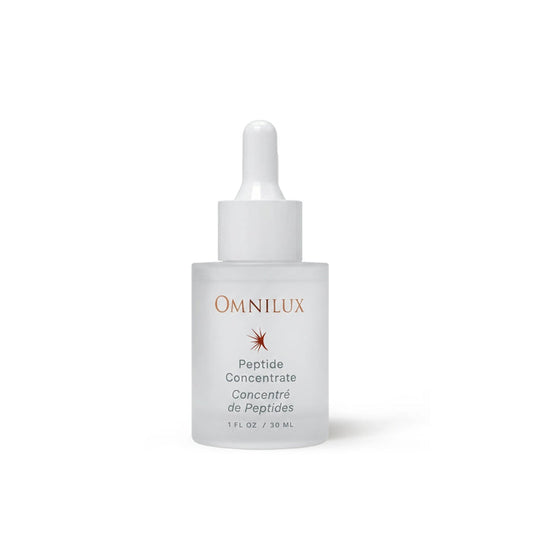 A frosted glass dropper bottle labeled “OMNILUX – PEPTIDE CONCENTRATE” features silver text and an orange starburst logo, containing 30 mL (1 fl oz) of skincare formula from OMNILUX enriched with powerful ingredients such as Argireline and Matrixyl.