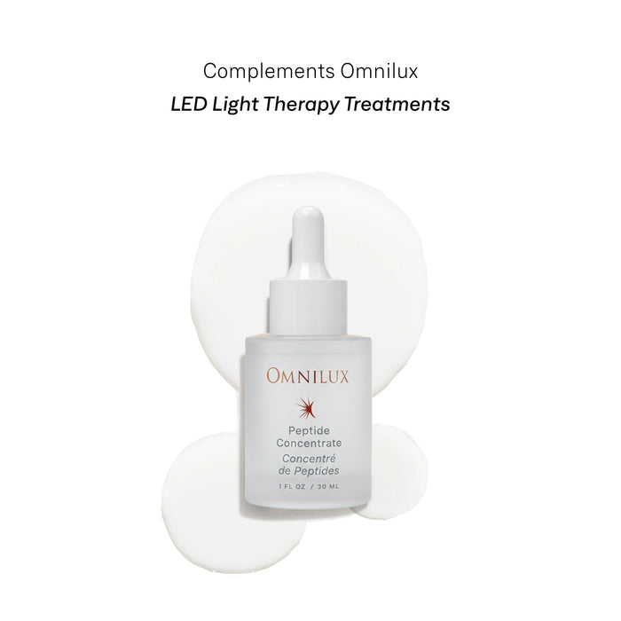 A frosted glass dropper bottle labeled “OMNILUX – PEPTIDE CONCENTRATE” features silver text and an orange starburst logo, containing 30 mL (1 fl oz) of skincare formula from OMNILUX enriched with powerful ingredients such as Argireline and Matrixyl.