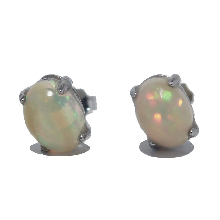 Opal Earrings Rainbow White Oval Studs Sterling Silver
