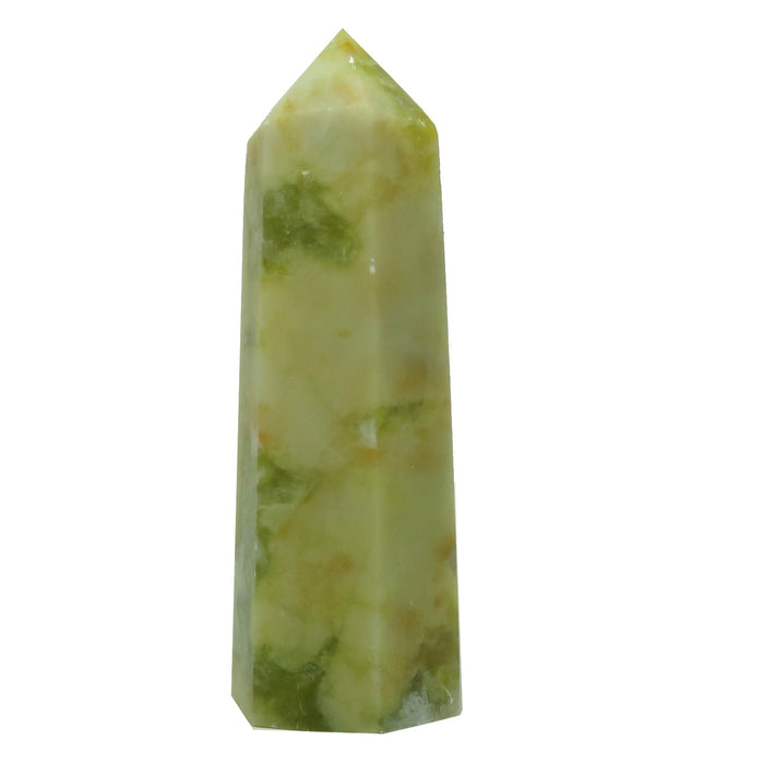 A polished green opal crystal wand with yellow inclusions, standing vertically against a white background.
