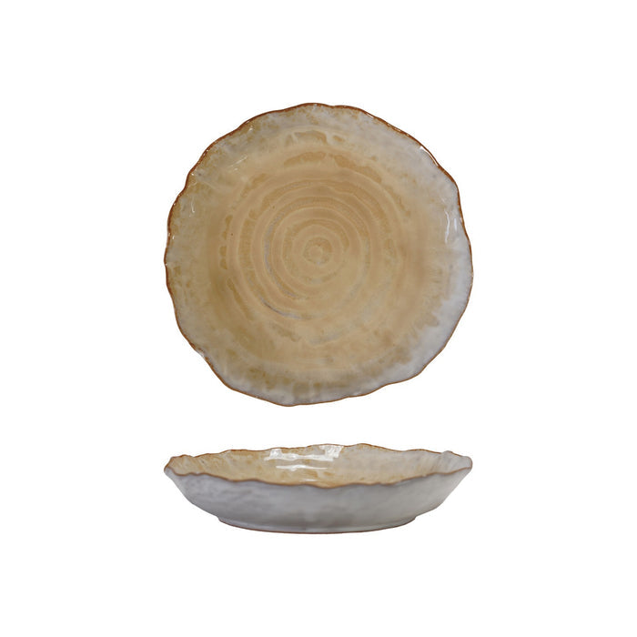 Two views of the CREATIVE COOP ORGANIC-SHAPED STONEWARE PLATE WITH REACTIVE GLAZE: one from above and one from the side, showcasing its scalloped edge and textured surface—a refined artisanal dinnerware piece.