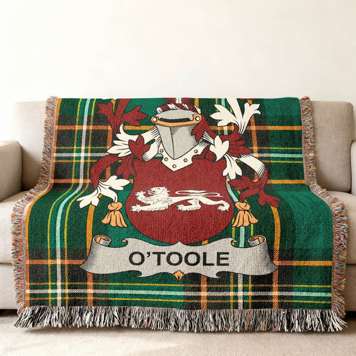 O'Toole family crest on an Irish National Tartan woven cotton throw.