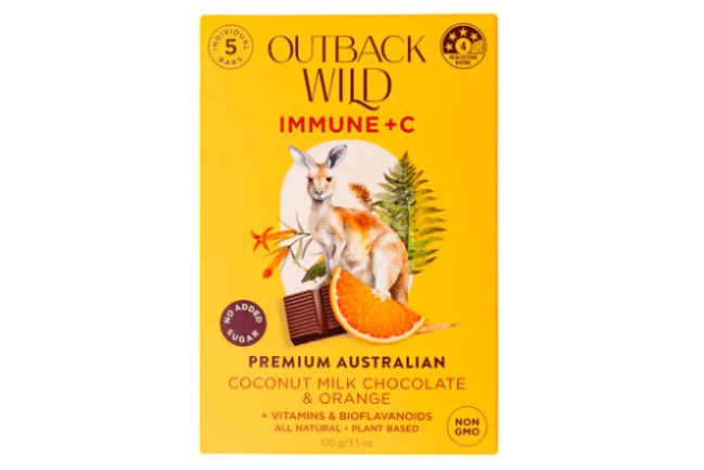 Outback Wild Wellness Chocolates - Simple Australia packaging featuring coconut milk chocolate and orange.