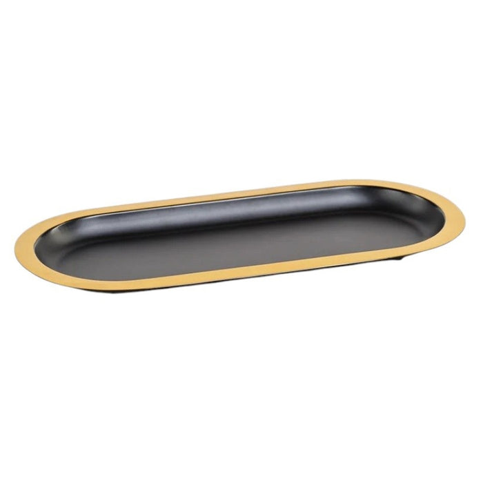 The ZODAX OVAL TRAY - BLACK WITH GOLD BORDER is a modern serving tray with a matte black oval base and a bold gold rim, shown elegantly on a white background.